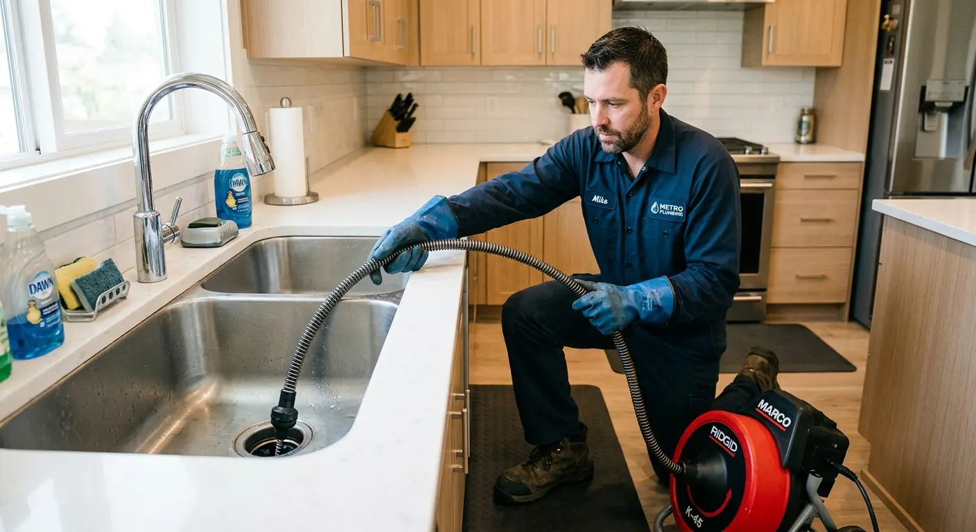 Drain cleaning technician using a motorized snake on a kitchen sink in Show Low