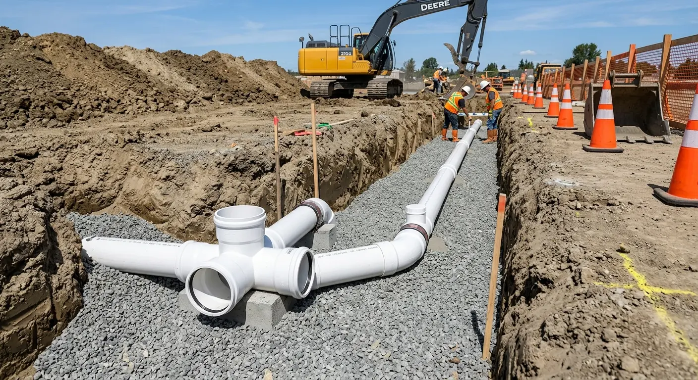 New PVC sewer pipe installation in open trench for Sewer Backup in Show Low
