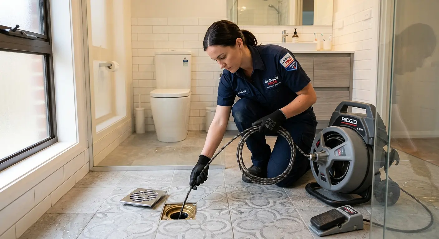 Technician clearing a bathroom floor drain for Sewer Line Replacement in Show Low